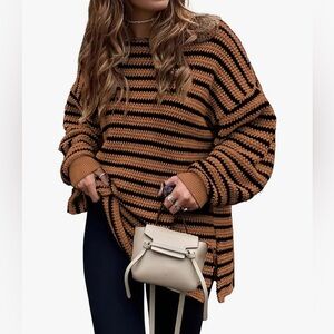 Striped Brown and Black Oversized Crew Neck Sweater